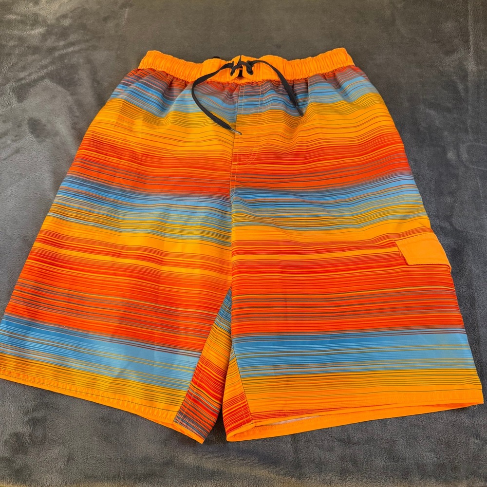 Nike Swim Trunks Shorts‎ Striped Orange Blue Drawstring Pocket Beach Mens Medium